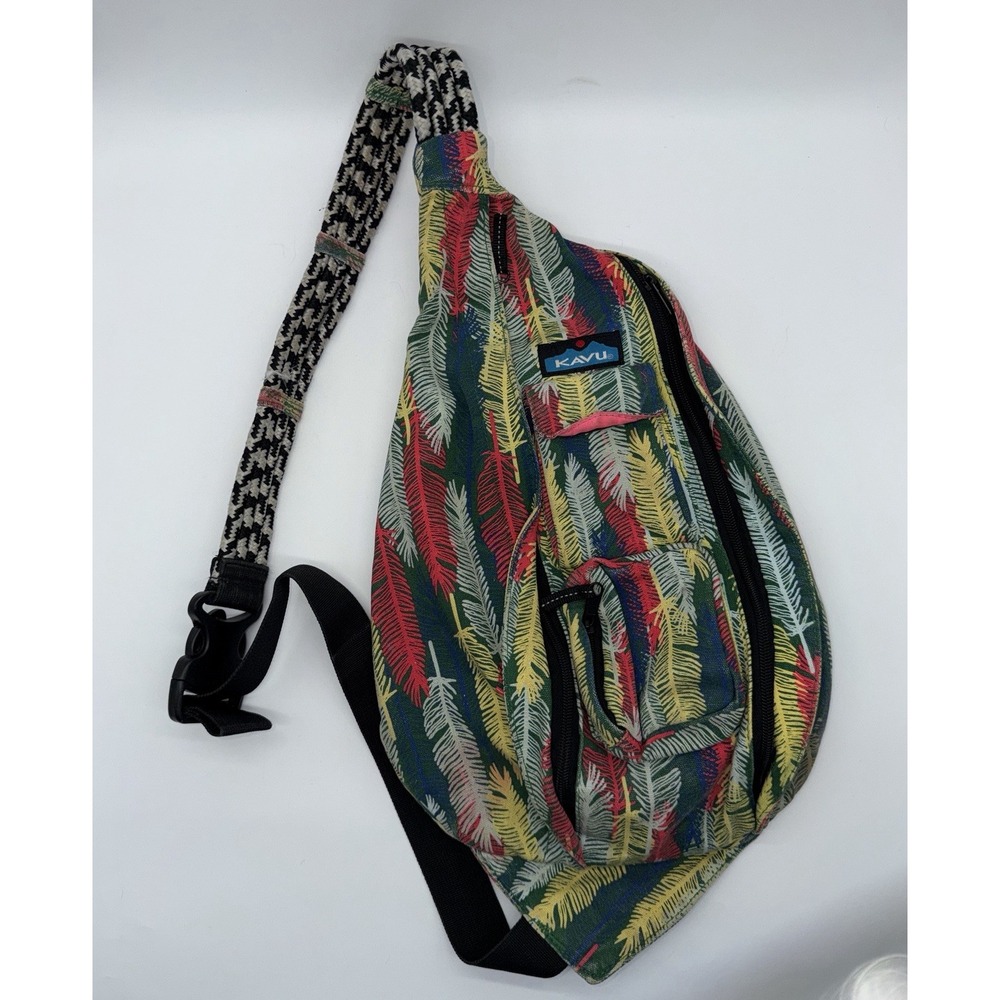 KAVU Original Rope Sling Bag Multicolor Feather Print Crossbody Original Retired